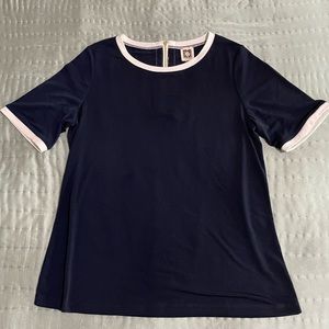 Anne Klein Blouse Size Small Navy Blue with White Trim and Outer Back Zipper